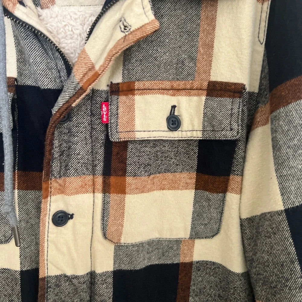 Levi's Flannel Lined Jacket Men Size S Brown Gray Plaid Hooded Sherpa Coat